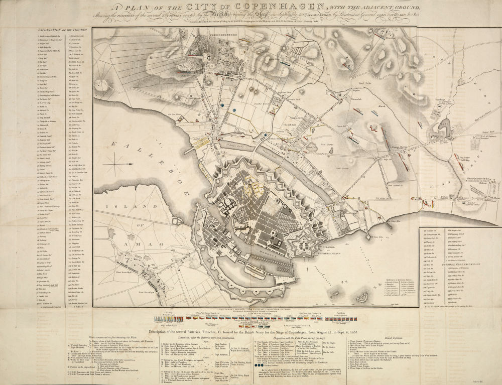 Topografisk karta över Köpenhamn och dess omgivningar som visar stadens utformning och de brittiska positionerna under belägringen 1807. Topografisk karta över Köpenhamn och dess omgivningar som visar stadens utformning och de brittiska positionerna under belägringen 1807.
