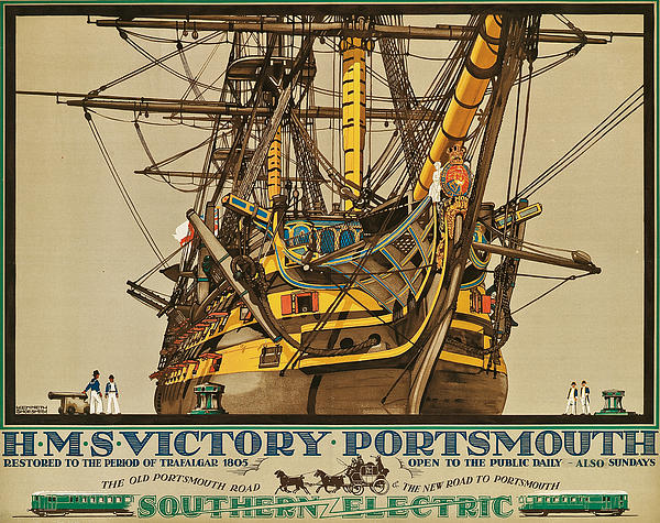 HMS Victory, Portsmouth av Kenneth Shoesmith, 1936, som reklam för Southern Electric Railways. NMM: ZBA2203 HMS Victory, Portsmouth av Kenneth Shoesmith, 1936, som reklam för Southern Electric Railways.