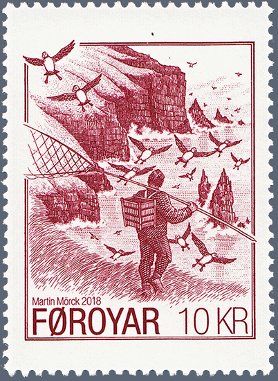 Färöiskt frimärke storlek 31 x 43 mm i valör 10,00 graverat av svenske Martin Mörck 2018. Färöiskt frimärke